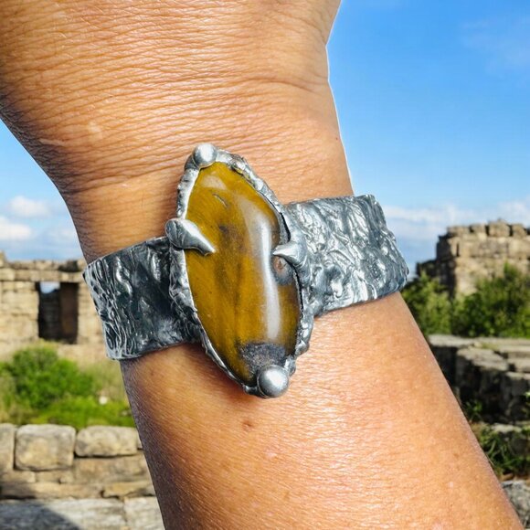 Artisan Jewelry - Handcrafted Brutalist Silver Bracelet W Tigers Eye Cabochon Stone Adjustable Fit